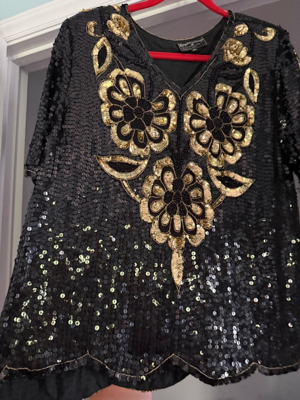 Vintage Black Sequin Top with Gold Floral Embroidery